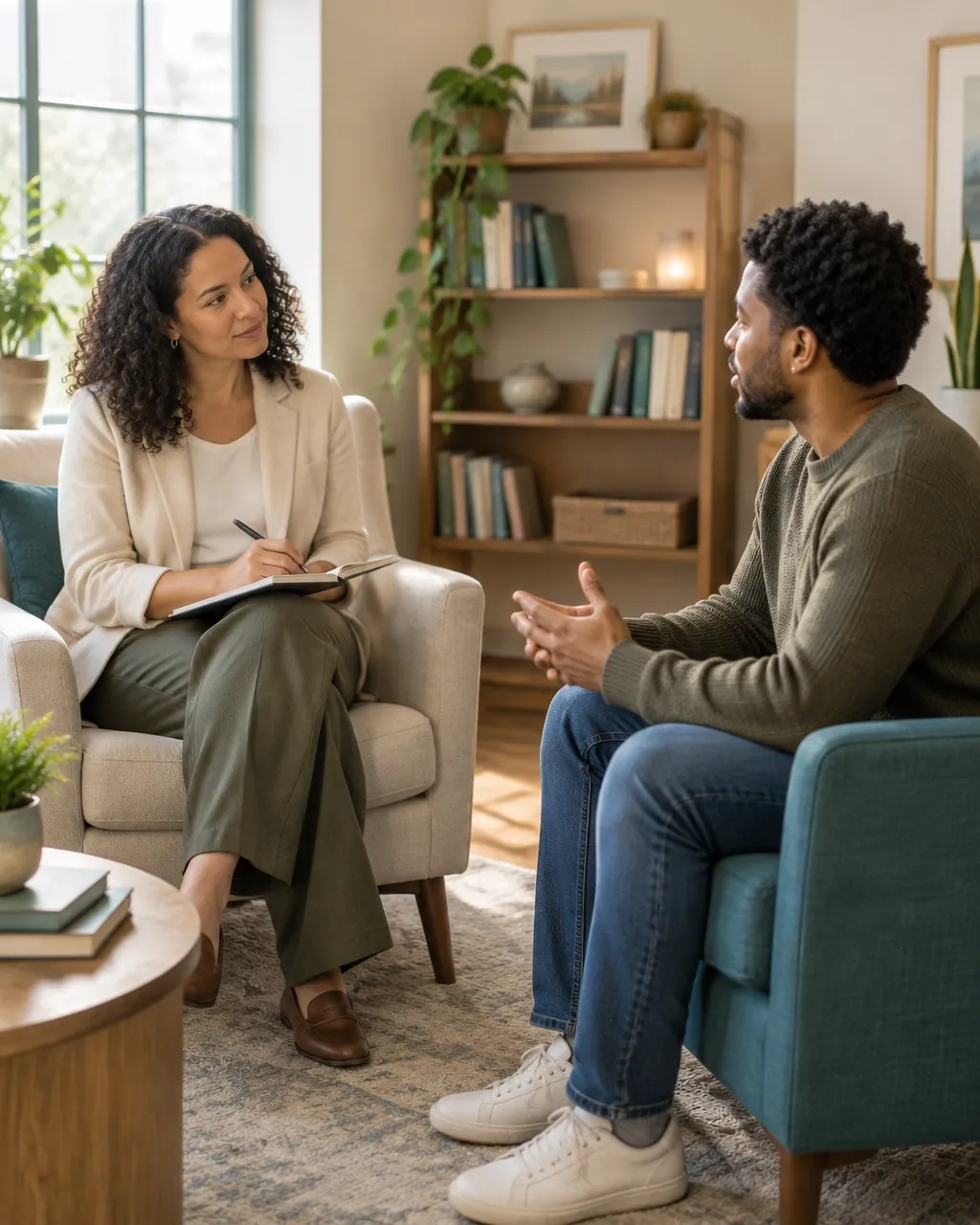 In-person counseling session with a counselor and an adult client seated facing each other in warm armchairs