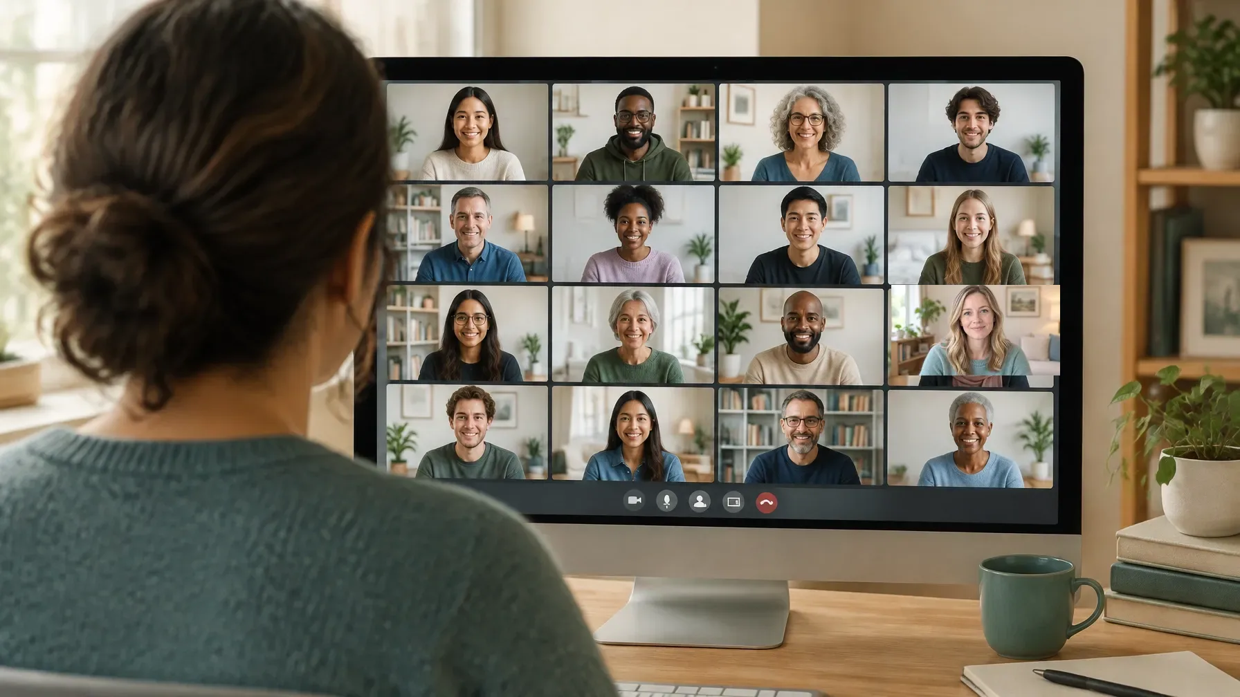 Person seen from behind watching a live online class on a monitor with a diverse gallery of participants